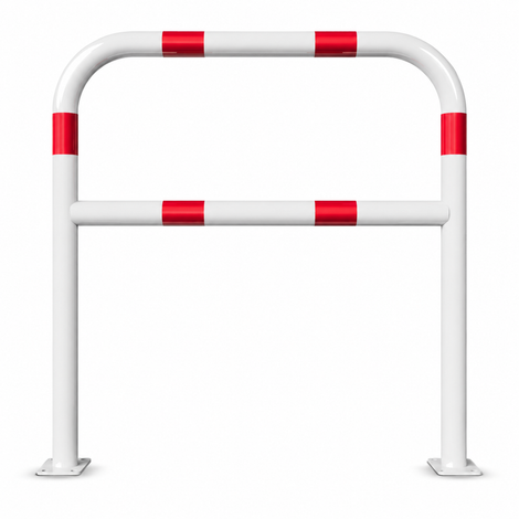 Witte beschermbeugel Ø60 mm met rood-witte reflecterende strepen, op voetplaat, met tussenbuis.