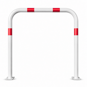 Witte beschermbeugel Ø60 mm met rood-witte reflecterende strepen, op voetplaat, zonder tussenbuis.