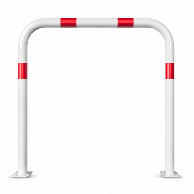 Witte beschermbeugel Ø60 mm met rood-witte reflecterende strepen, op voetplaat, zonder tussenbuis.