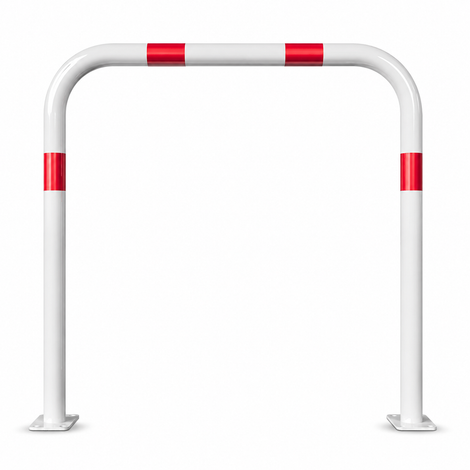 Witte beschermbeugel Ø60 mm met rood-witte reflecterende strepen, op voetplaat, zonder tussenbuis.