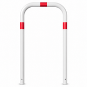 Witte beschermbeugel Ø60 mm met rode reflecterende banden, voor betonverankering.