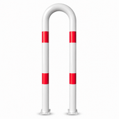 Witte en rood gestreepte beschermbeugel Ø76 mm op voetplaat, U-vormig, voor industriële beveiliging.
