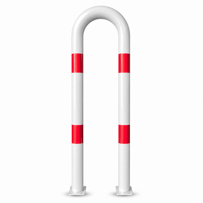 Witte en rood gestreepte beschermbeugel Ø76 mm op voetplaat, U-vormig, voor industriële beveiliging.