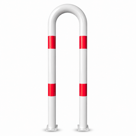 Witte en rood gestreepte beschermbeugel Ø76 mm op voetplaat, U-vormig, voor industriële beveiliging.
