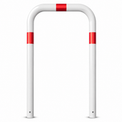 Witte beschermbeugel Ø76 mm met rode reflecterende strepen, voor verankering in beton.
