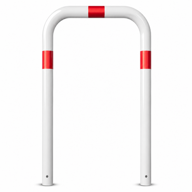 Witte beschermbeugel Ø76 mm met rode reflecterende strepen, voor verankering in beton.