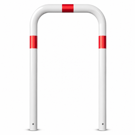 Witte beschermbeugel Ø76 mm met rode reflecterende strepen, voor verankering in beton.