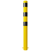 Gele en zwarte beschermpaal Ø102 mm voor betonverankering.