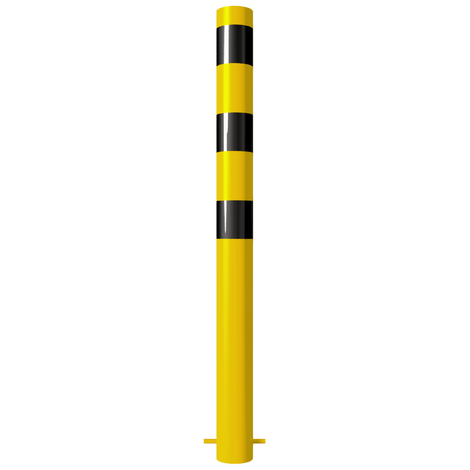 Gele en zwarte beschermpaal Ø102 mm voor betonverankering.