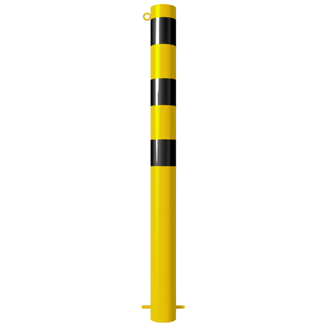 Gele beschermpaal Ø102 mm met zwarte strepen en kettingoog, voor betonverankering.