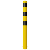 Gele en zwarte stalen beschermpaal Ø102 mm met twee kettingogen voor betonverankering.