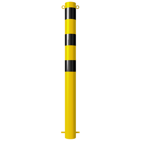 Gele en zwarte stalen beschermpaal Ø102 mm met twee kettingogen voor betonverankering.
