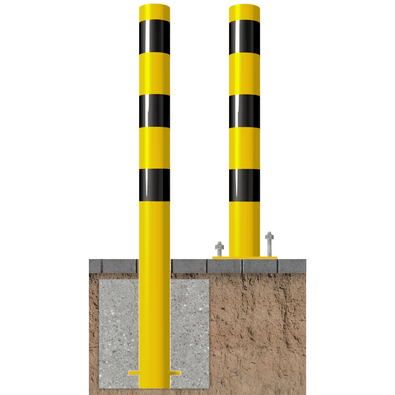 Gele en zwart gestreepte beschermpalen Ø102 mm, één voor betonverankering, de ander op een voetplaat.