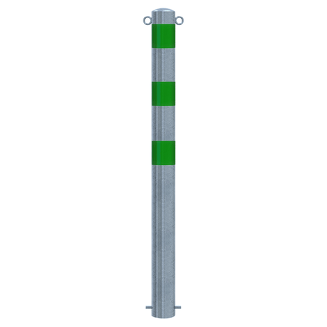 Verzinkt-groene beschermpaal Ø102 mm voor betonverankering, met twee kettingogen en groene reflecterende banden.