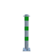 Verzinkt-groene beschermpaal Ø102 mm met voetplaat en twee kettingogen.
