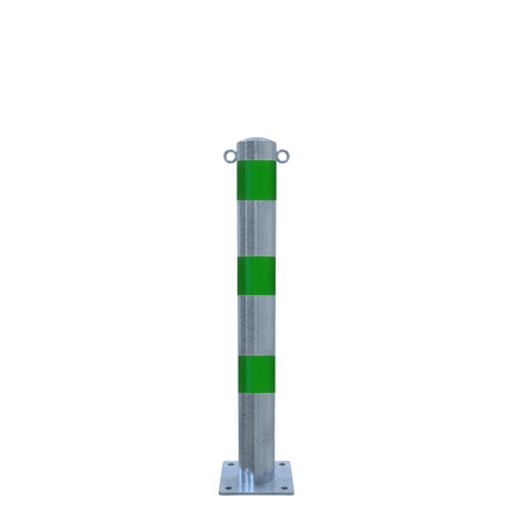 Verzinkt-groene beschermpaal Ø102 mm met voetplaat en twee kettingogen.