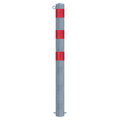 Verzinkt-rode beschermpaal Ø102 mm voor betonverankering, met 1 kettingoog en rode reflecterende banden.