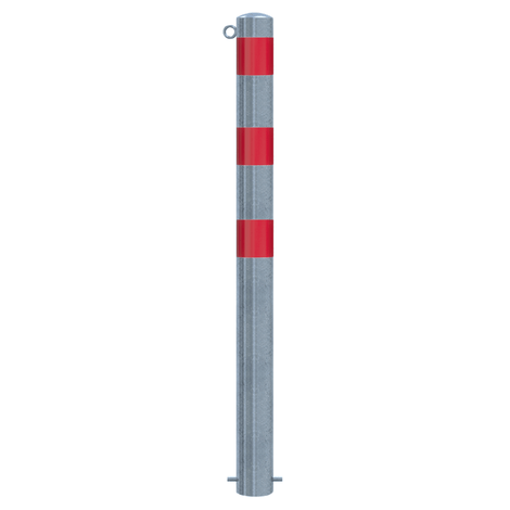 Verzinkt-rode beschermpaal Ø102 mm voor betonverankering, met 1 kettingoog en rode reflecterende banden.