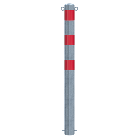 Verzinkt-rood beschermpaal Ø102 mm voor betonverankering, met 2 kettingogen en reflecterende rode banden.