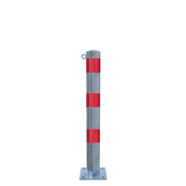 Verzinkt-rode beschermpaal Ø102 mm met voetplaat en 1 kettingoog, voor professionele verkeersbeveiliging.
