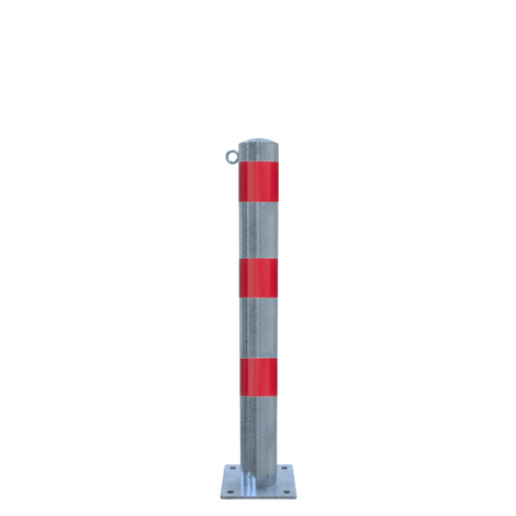 Verzinkt-rode beschermpaal Ø102 mm met voetplaat en 1 kettingoog, voor professionele verkeersbeveiliging.