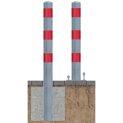 Twee verzinkt-rode beschermpalen Ø102 mm, één voor betonverankering en één op voetplaat, in een doorsnede.