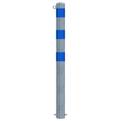 Verzinkt-blauwe beschermpaal Ø102 mm met 2 blauwe strepen en 1 kettingoog, voor betonverankering.