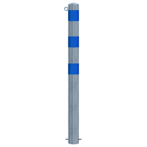 Verzinkt-blauwe beschermpaal Ø102 mm met 2 blauwe strepen en 1 kettingoog, voor betonverankering.