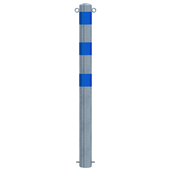 Verzinkt-blauwe beschermpaal Ø102 mm voor betonverankering, met twee blauwe strepen en kettingogen.