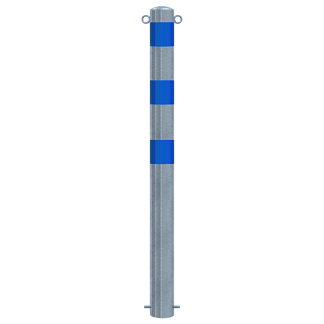 Verzinkt-blauwe beschermpaal Ø102 mm voor betonverankering, met twee blauwe strepen en kettingogen.