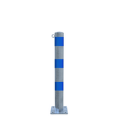 Verzinkt-blauwe beschermpaal Ø102 mm met voetplaat en 1 kettingoog.