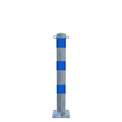 Verzinkt-blauwe beschermpaal Ø102 mm met voetplaat en twee kettingogen.