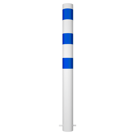 Witte beschermpaal Ø102 mm met blauwe strepen, voor betonverankering.