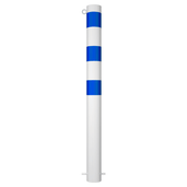 Witte beschermpaal Ø102 mm met blauwe strepen en 1 kettingoog, voor betonverankering.