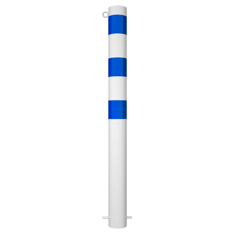 Witte beschermpaal Ø102 mm met blauwe strepen en 1 kettingoog, voor betonverankering.