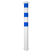 Witte beschermpaal Ø102 mm met blauwe strepen en twee kettingogen, voor betonverankering.