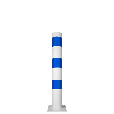 Witte beschermpaal met blauwe strepen, Ø102 mm, op een vierkante voetplaat voor oppervlaktemontage.