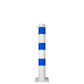 Witte en blauw gestreepte beschermpaal Ø102 mm met voetplaat en 1 kettingoog.