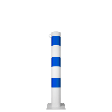 Witte en blauw gestreepte beschermpaal Ø102 mm met voetplaat en 1 kettingoog.