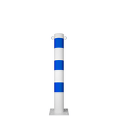 Witte en blauw gestreepte beschermpaal Ø102 mm met voetplaat en twee kettingogen.