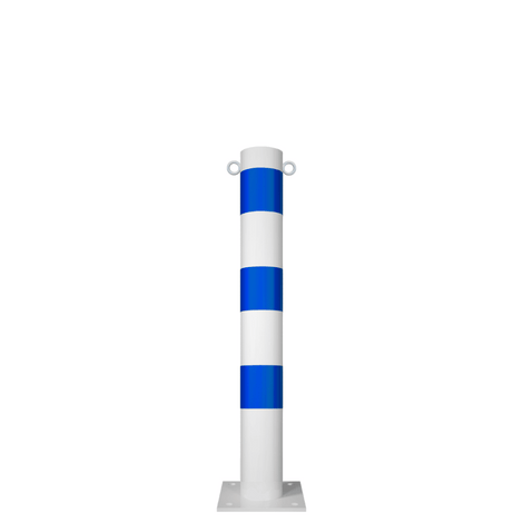 Witte en blauw gestreepte beschermpaal Ø102 mm met voetplaat en twee kettingogen.