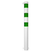 Witte beschermpaal Ø102 mm met groene strepen en 1 kettingoog, voor betonverankering.
