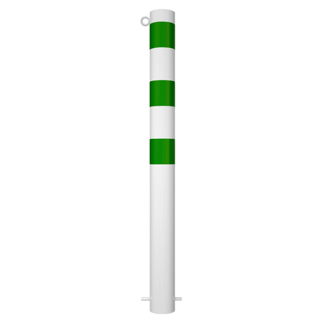 Witte beschermpaal Ø102 mm met groene strepen en 1 kettingoog, voor betonverankering.