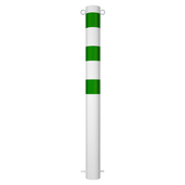 Witte beschermpaal Ø102 mm met groene strepen en 2 kettingogen, voor betonverankering.