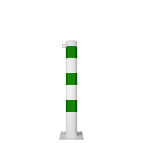 Witte en groene beschermpaal Ø102 mm met voetplaat en 1 kettingoog.