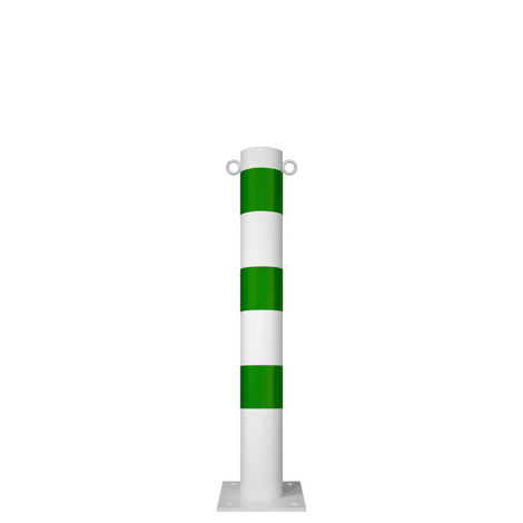 Witte en groene beschermpaal Ø102 mm met voetplaat en twee kettingogen.