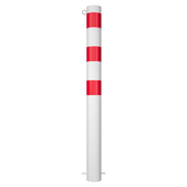 Witte beschermpaal Ø102 mm met rode reflecterende banden en 1 kettingoog, voor betonverankering.