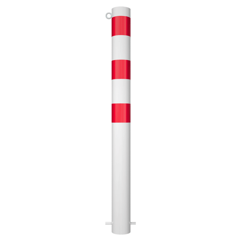 Witte beschermpaal Ø102 mm met rode reflecterende banden en 1 kettingoog, voor betonverankering.