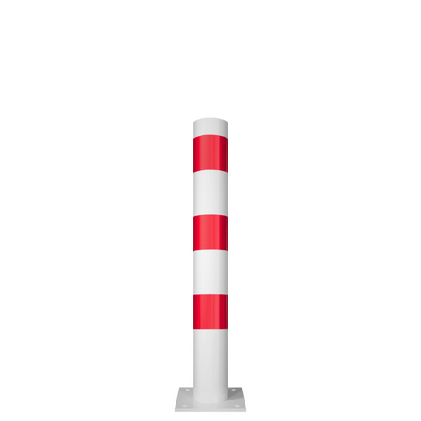 Witte en rood gestreepte beschermpaal (Ø102 mm) met voetplaat voor opbouw.