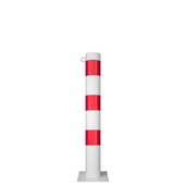 Witte en rode beschermpaal Ø102 mm met voetplaat en 1 kettingoog.